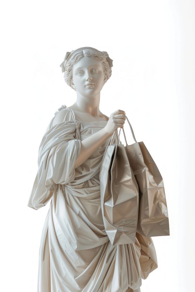 Greek sculpture holding shopping bag statue art representation.
