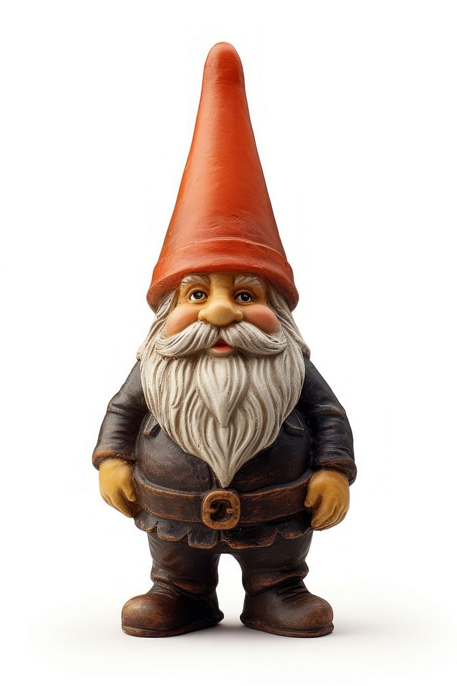 Photo of a garden gnome figurine white background representation.
