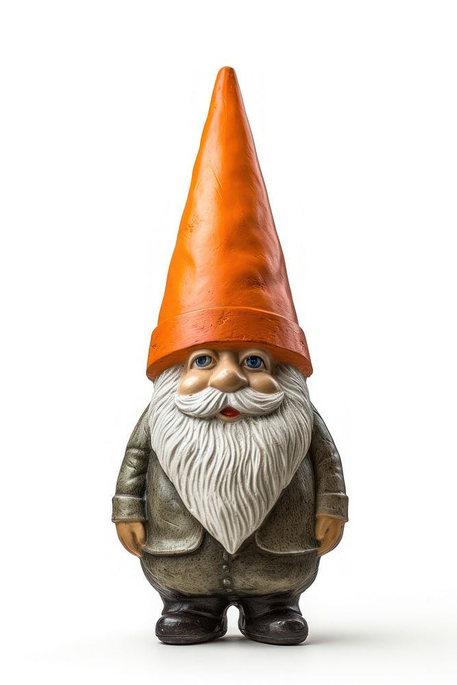 Photo of a garden gnome figurine hat white background.
