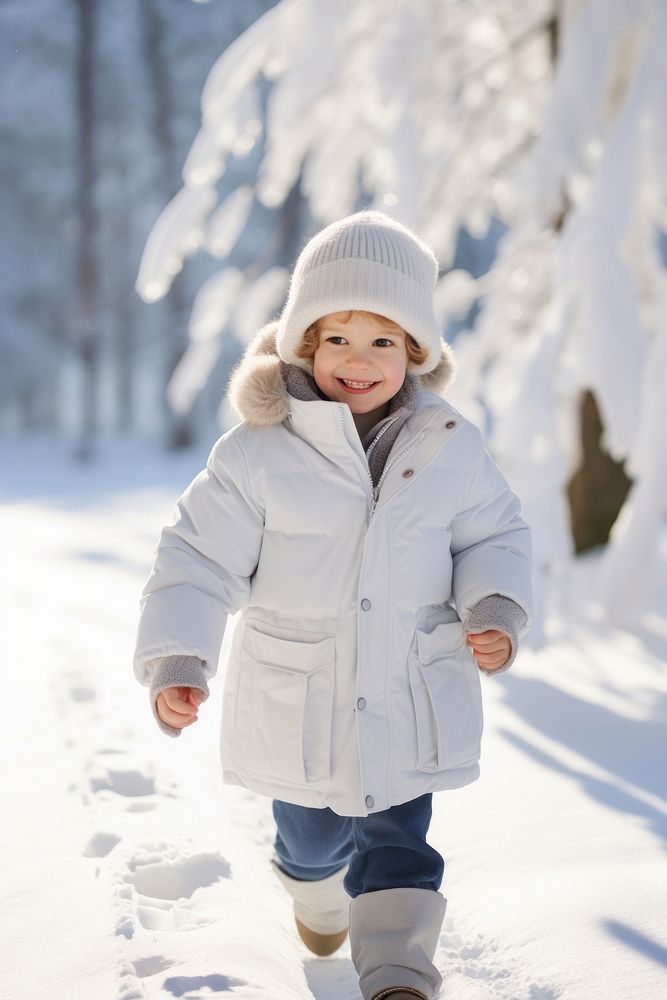 Happy kid walking coat snow portrait.