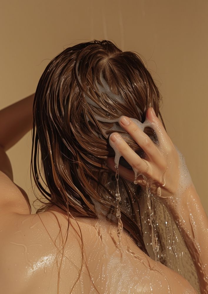 Woman washing her hair bathroom shower back.