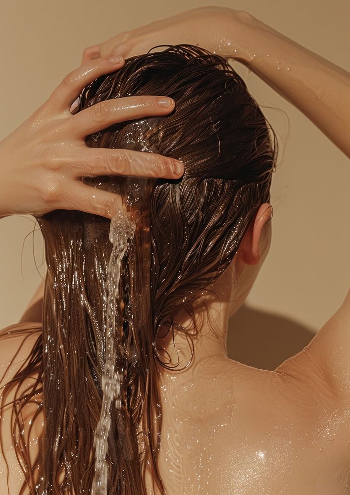 Woman washing her hair bathroom shower hairstyle.