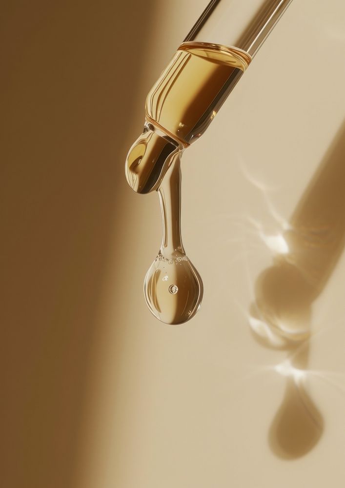 Clear oil serum flowing out of the skincare dropper cosmetics lighting bathroom.