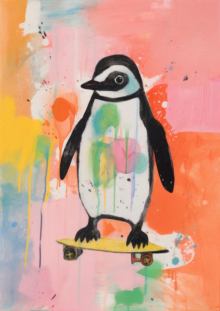Penguin skateboard art painting animal.