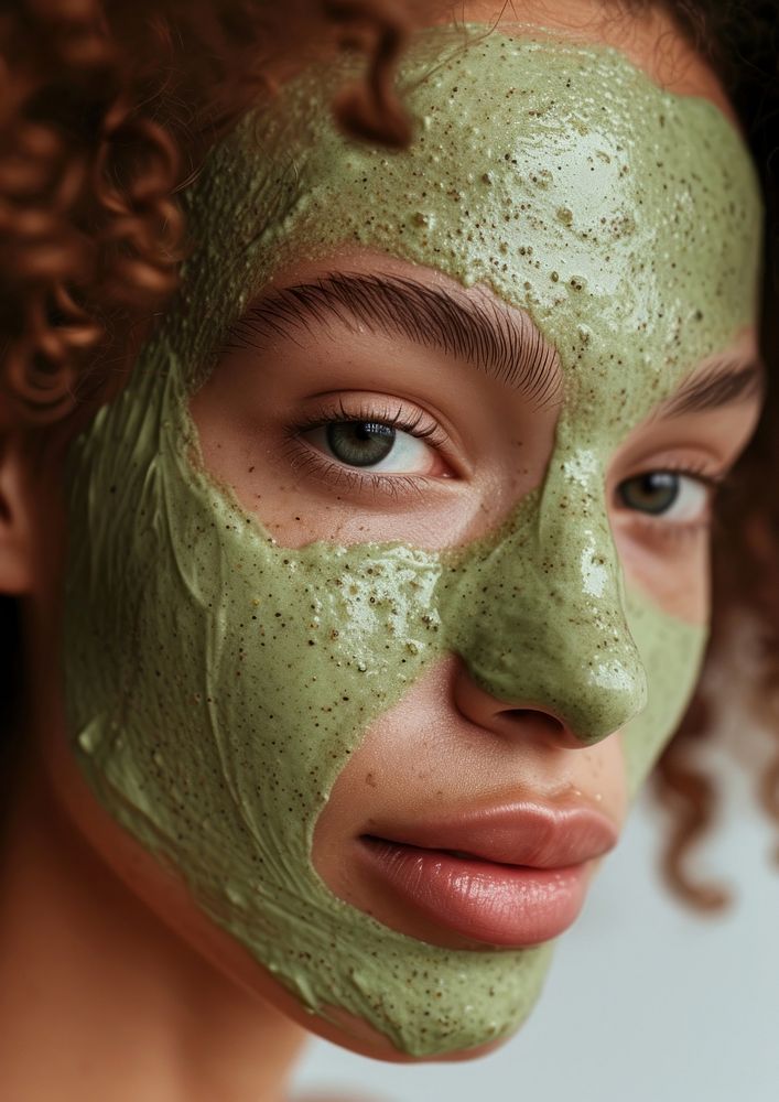 Green facial mask skin portrait photo.
