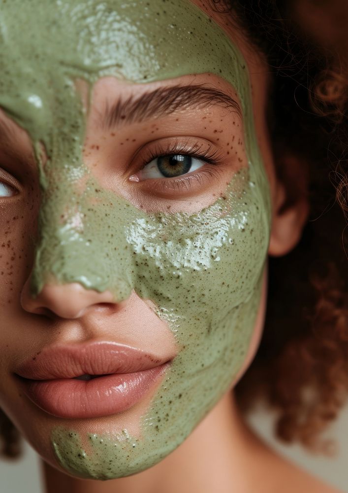 Green facial mask skin portrait photo.