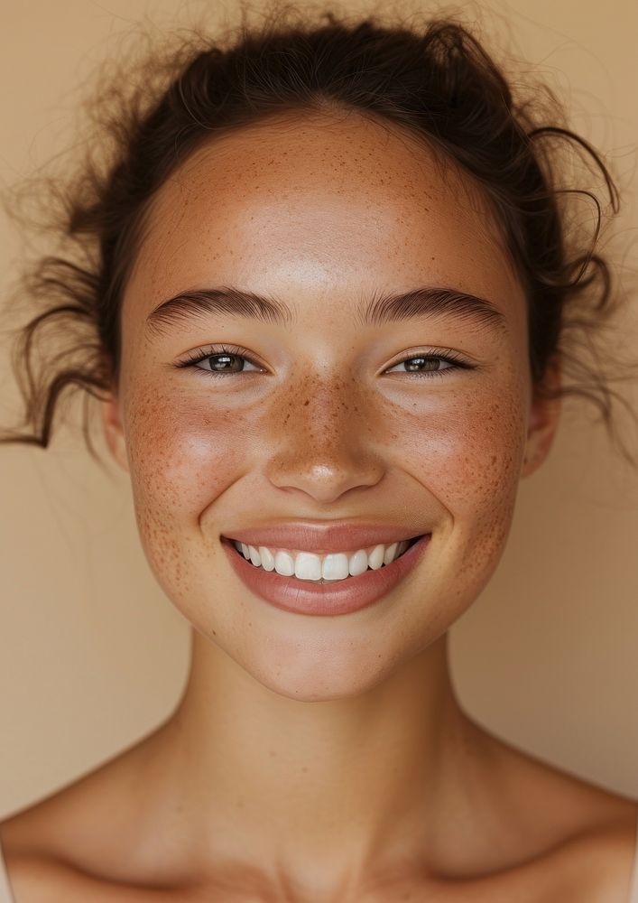 Woman happy with no makeup smile skin portrait.