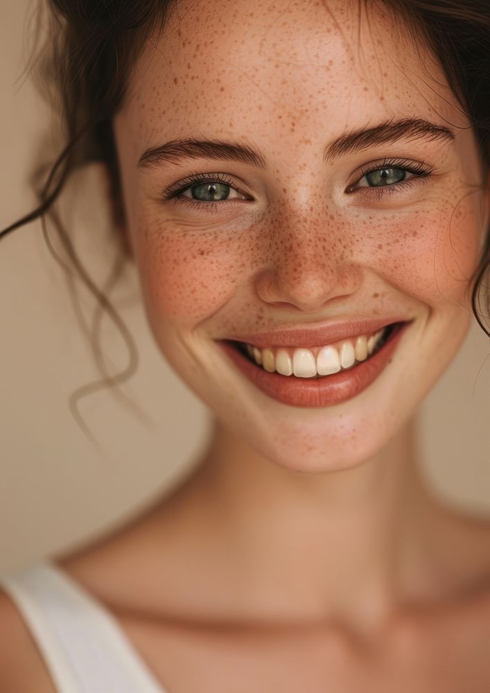 Woman happy with no makeup skin freckle adult.