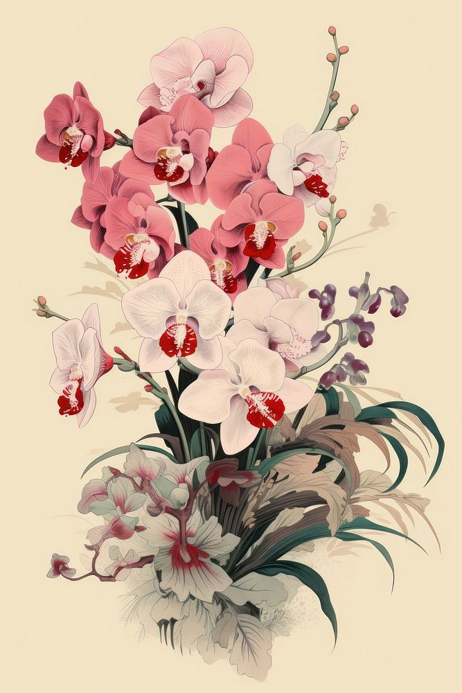 An isolated royal orchid bouquet flower art painting.