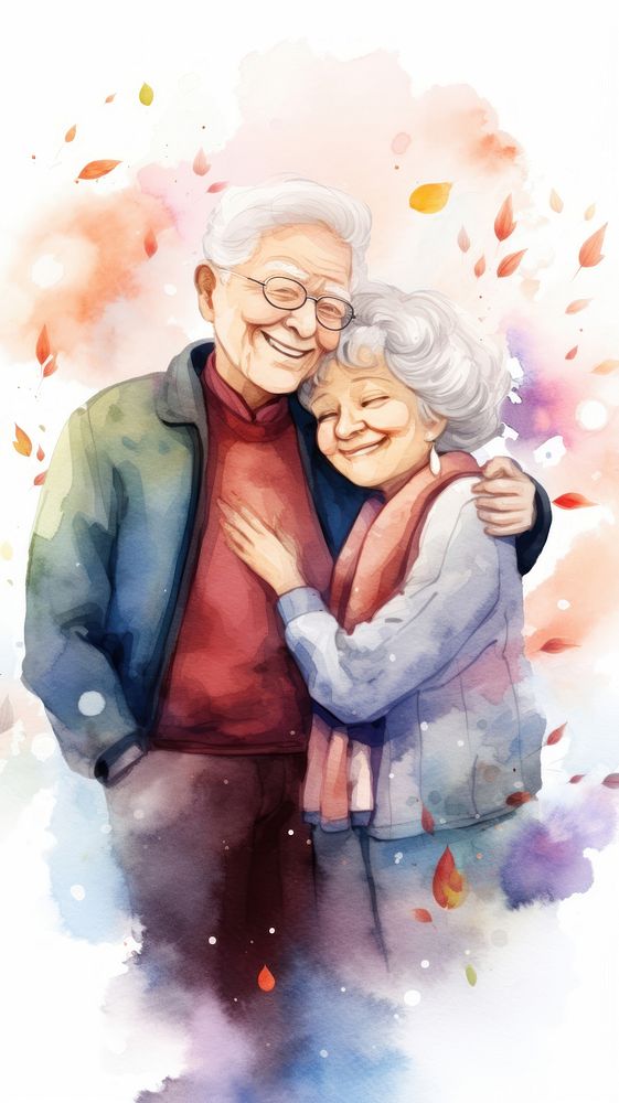 Grandma and grandpa portrait hugging glasses.