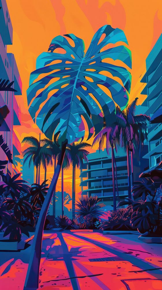 A monstera leaf city outdoors painting.