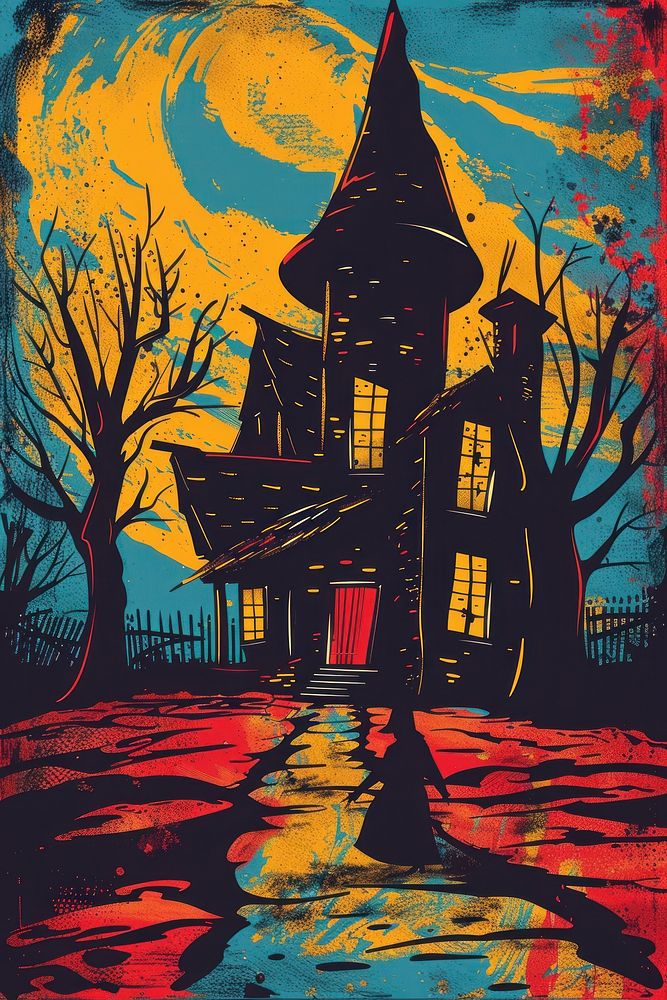 Vector illustrated of a witch house art painting outdoors.
