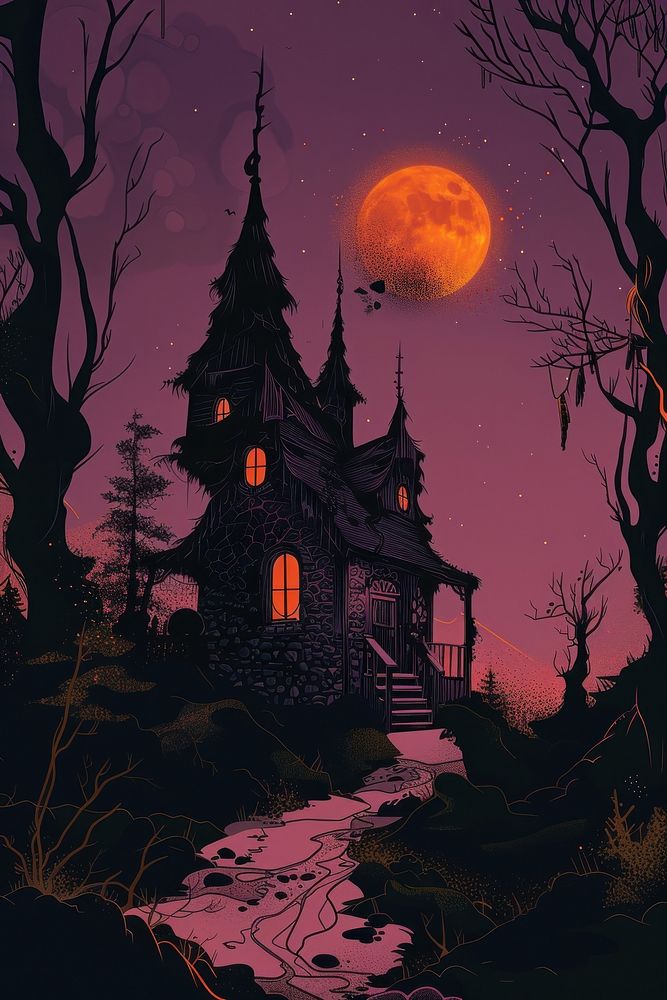 Vector illustrated of a witch house outdoors nature night.
