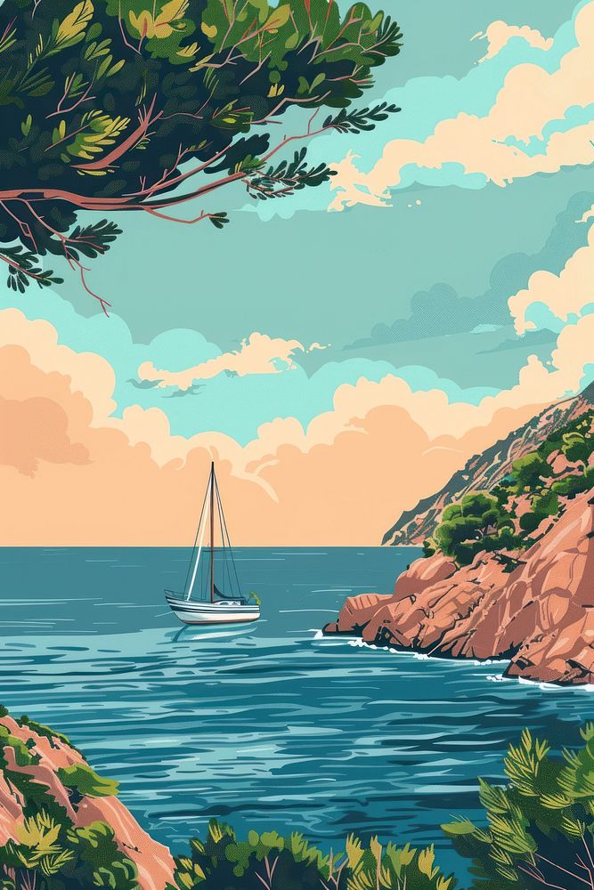 Vector illustrated of a mediterranean landscape sailboat outdoors.