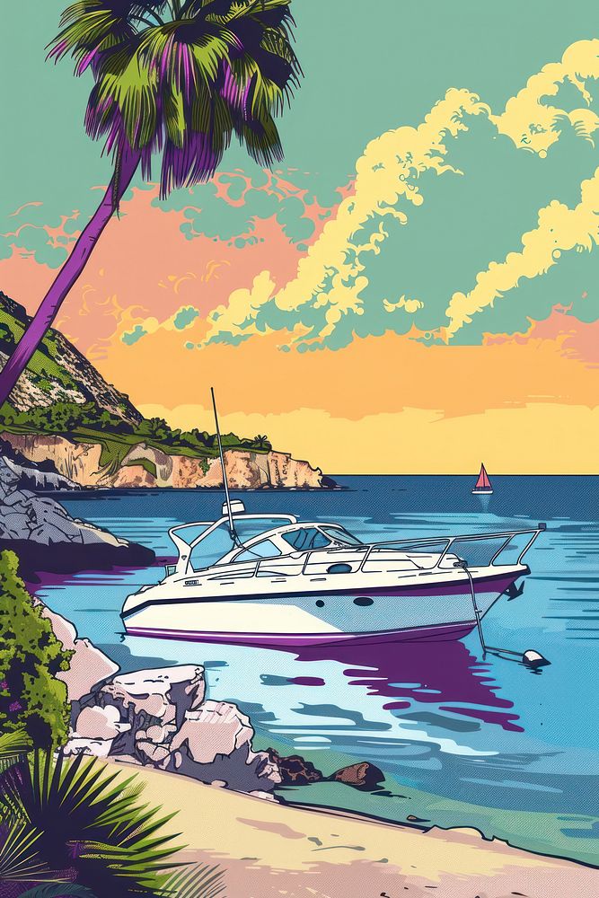Vector illustrated of a mediterranean watercraft sailboat outdoors.