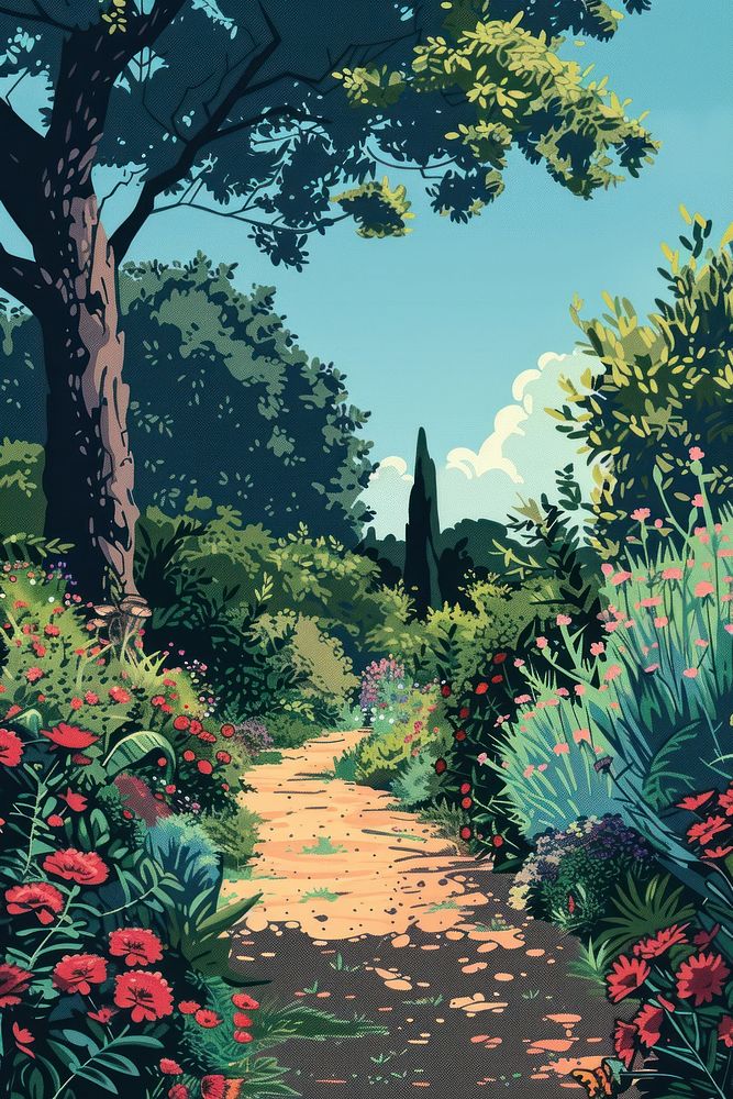 Vector illustrated of a garden landscape outdoors woodland.