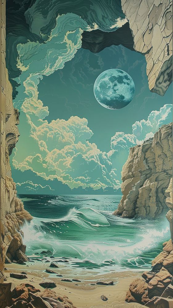 A seascape astronomy outdoors painting.