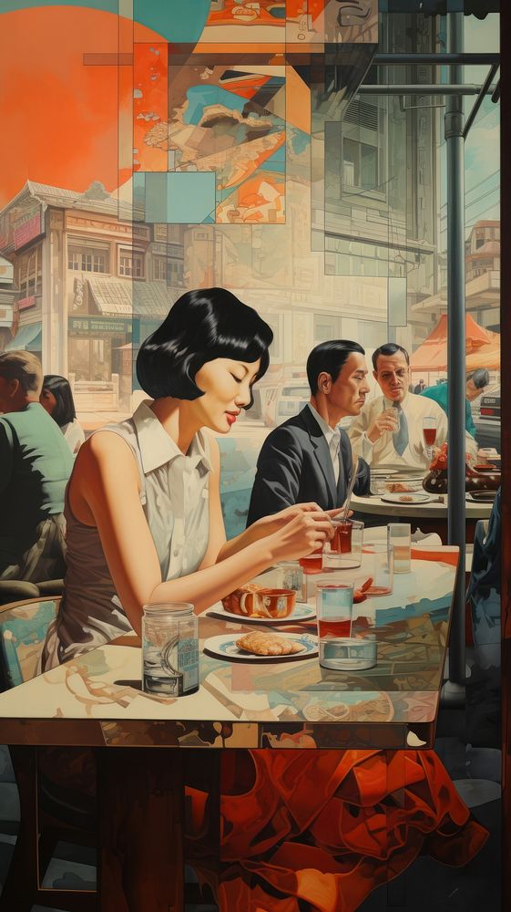 Asian people architecture restaurant painting.