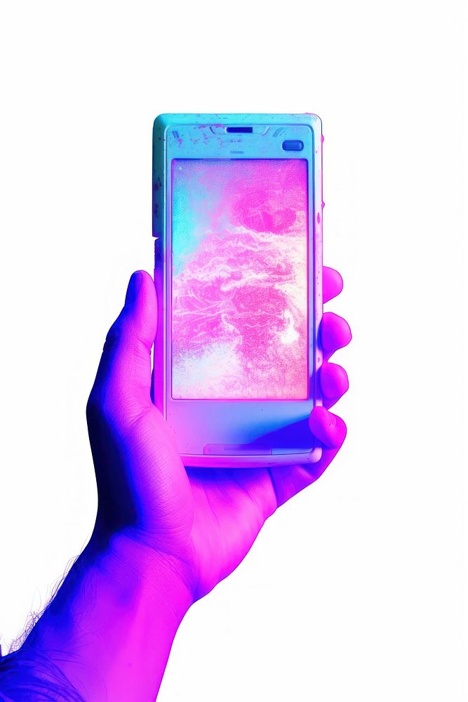 Holding cellphone Risograph style purple person white background.