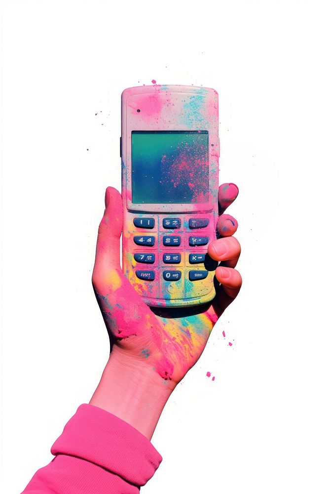 Holding cellphone Risograph style person white background electronics.