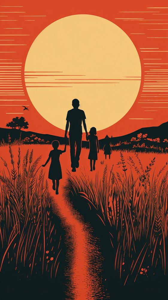 Family with kids walking in the meadow outdoors sunset nature.