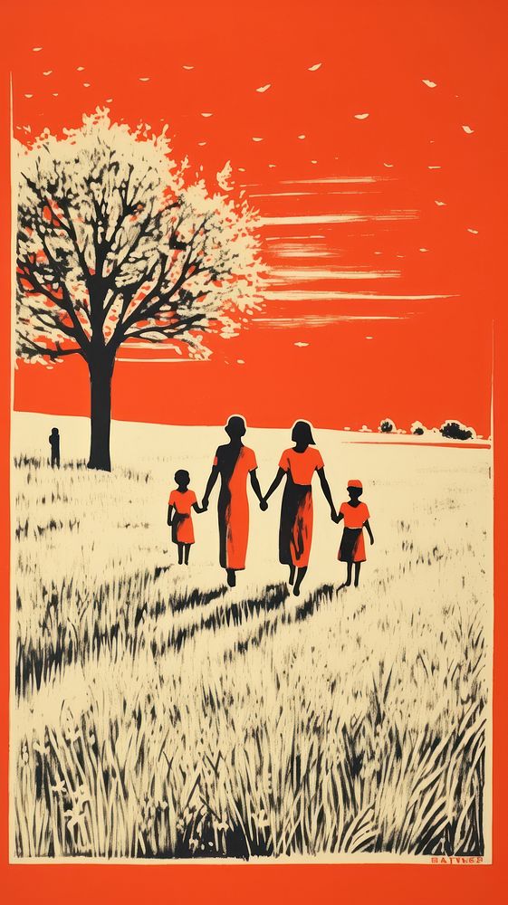 Family with kids walking in the meadow outdoors painting plant.