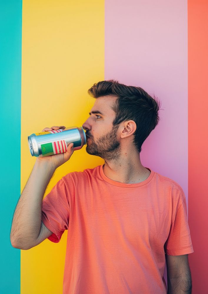 Man drinking soda can refreshment disposable hairstyle.