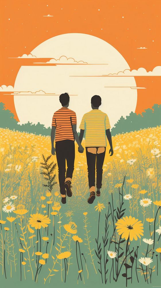 LGBT couple walking in the meadow outdoors flower plant.