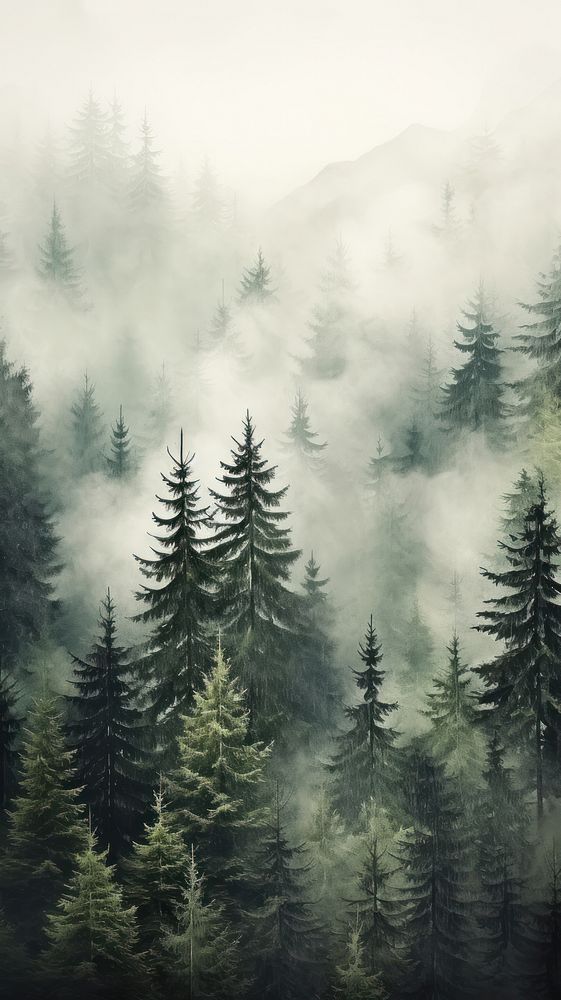 Misty landscape with fir tropical forest mist outdoors woodland.