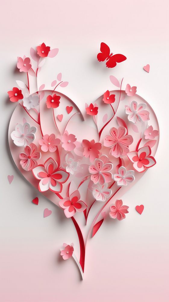 Valentines day concept card in paper cut flower plant heart.