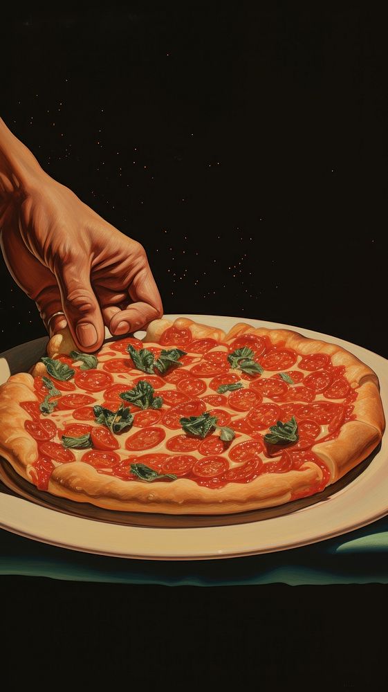 Person holding pizza food sprinkling pepperoni.