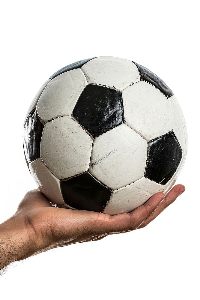 Hand holdding big soccer football sports white background.