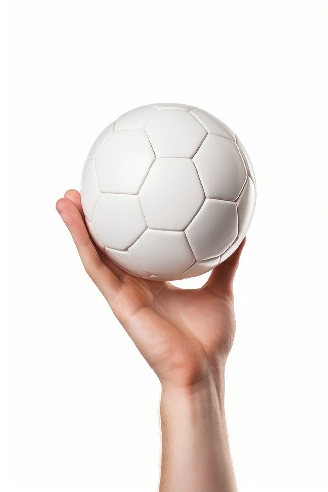 Hand holdding soccer football sports white.