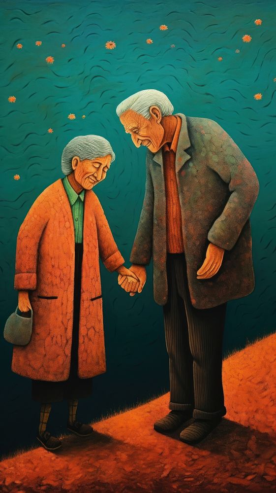 Old man holding hand with old woman painting adult art.