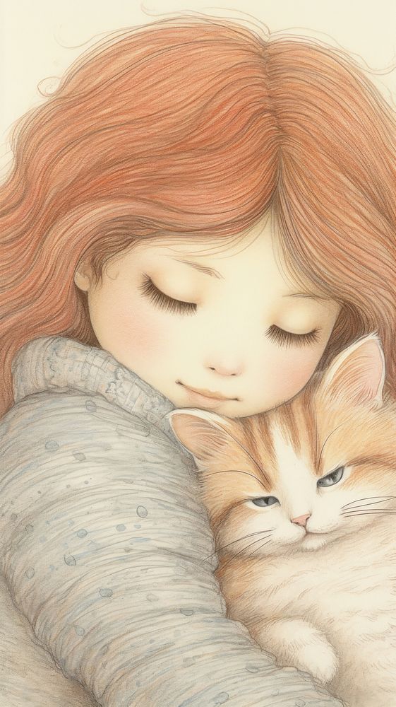 Girl hugging cat sleeping portrait drawing.