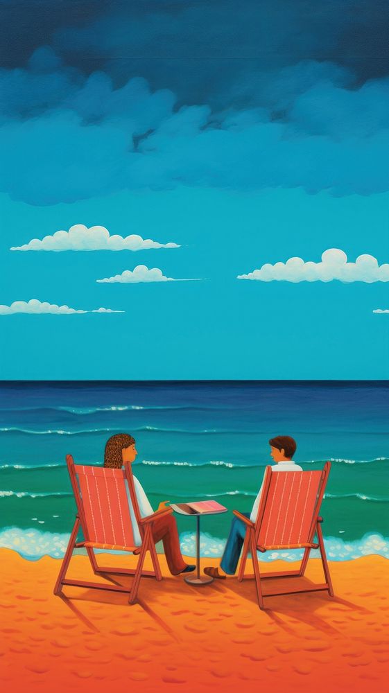 Couple love sitting on the beach furniture outdoors vacation.
