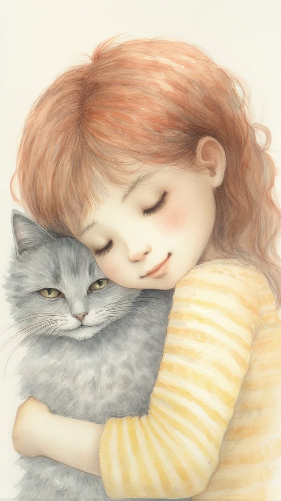 Girl hugging cat portrait drawing animal.