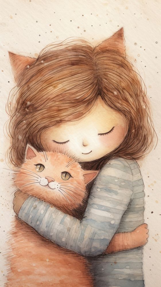 Girl hugging cat portrait drawing mammal.