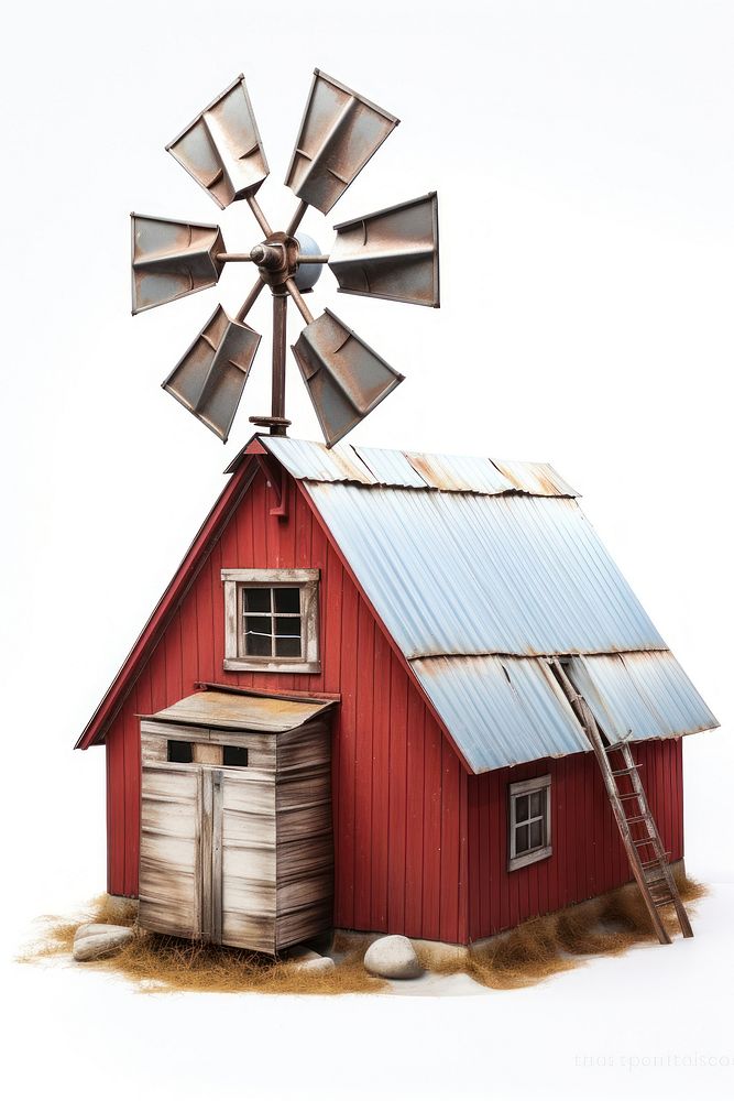 A barn with a wind turbine architecture building outdoors.