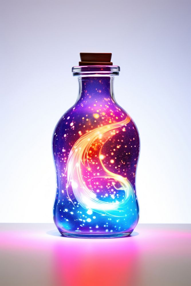 A galaxy in a bottle light glass illuminated.