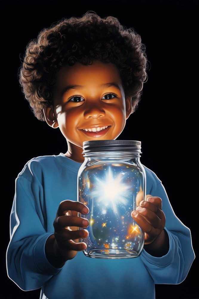 An African-American kid holding a galaxy in a jar in two arms portrait illuminated photography.