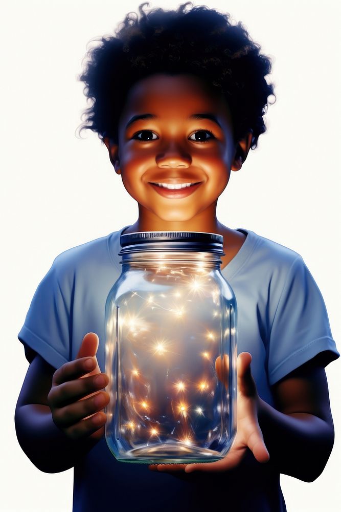 An African-American kid holding a galaxy in a jar in two arms portrait light smile.