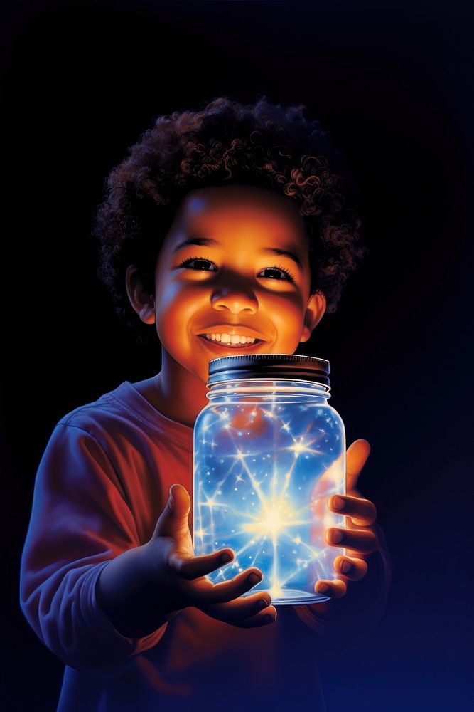 An African-American kid holding a galaxy in a jar in two arms portrait light illuminated.