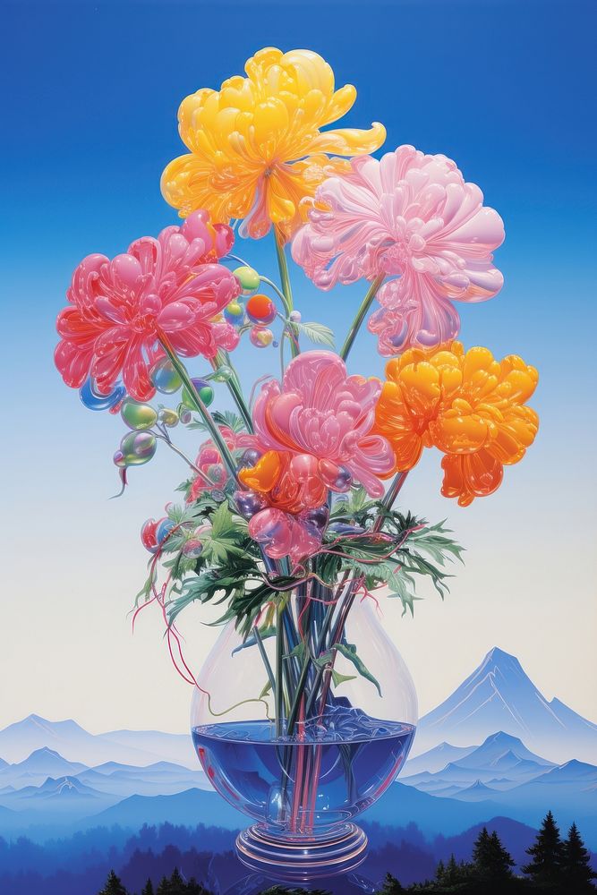 Fully bloomed peonies in galaxy vase art painting outdoors.