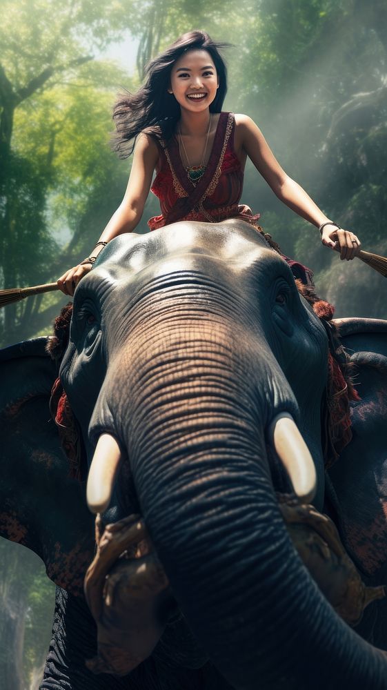 Singaporean woman riding elephants in thailand wildlife portrait mammal.
