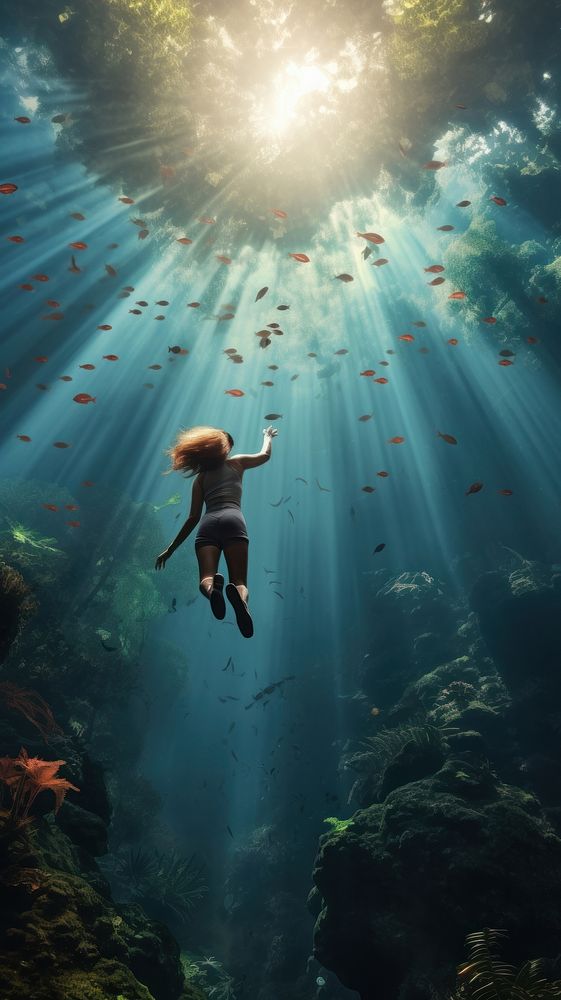 Woman diving to discover the underwater adventure sunlight swimming.
