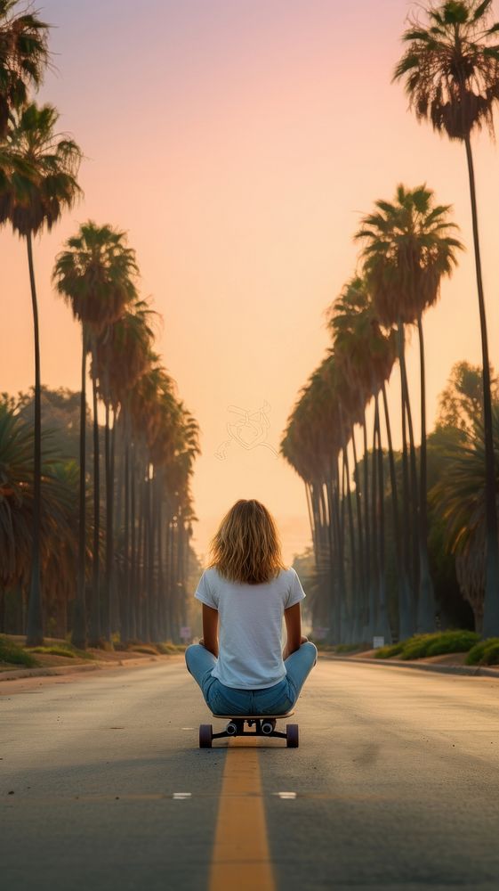 Woman sitting on skate in california road tree skateboard plant.