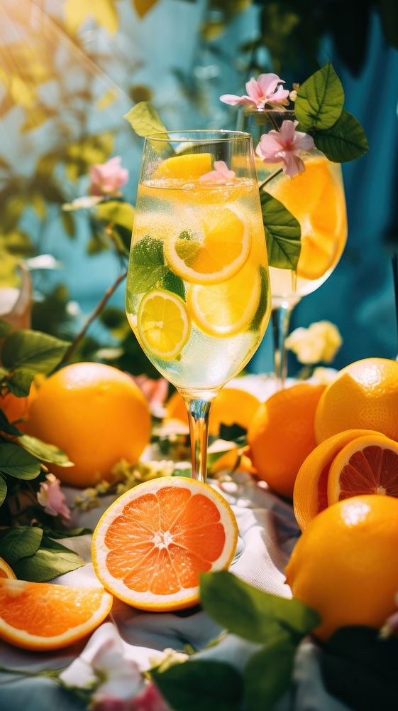 Sparking wine with lemon and orange grapefruit cocktail lemonade.