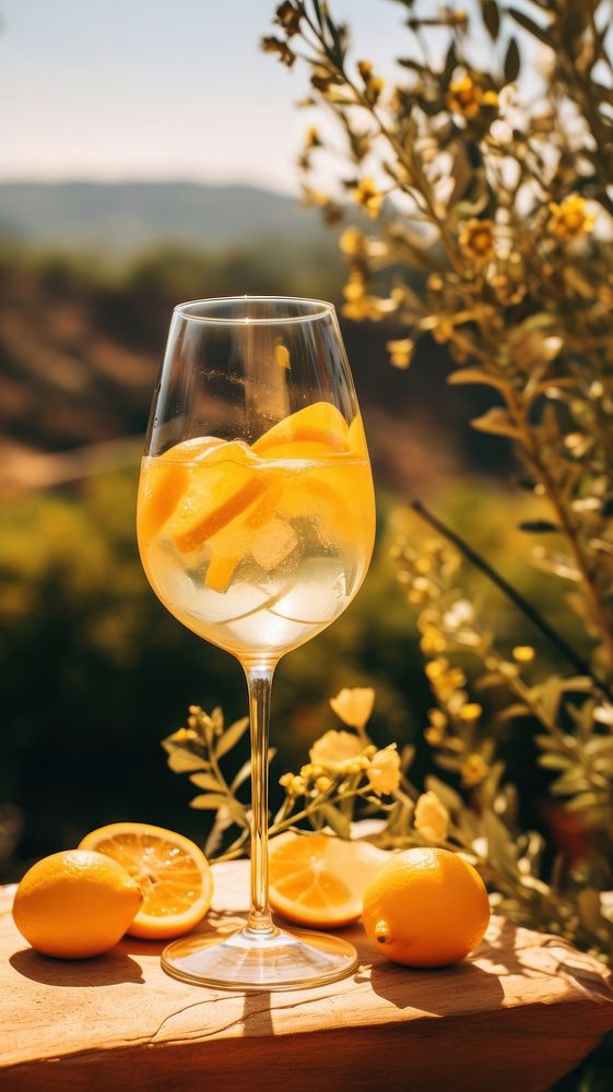 Sparking wine with lemon and orange cocktail outdoors nature.