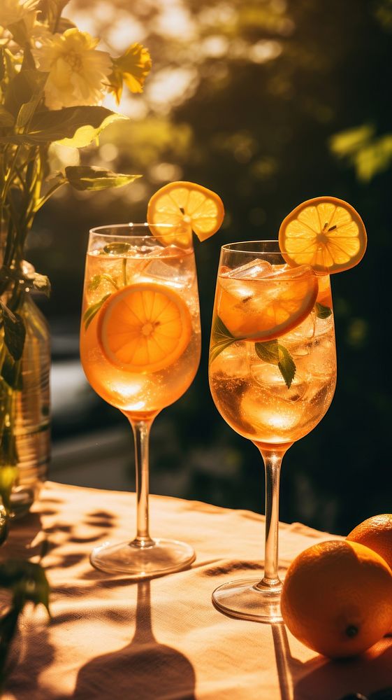 Sparking wine with lemon and orange cocktail summer drink.